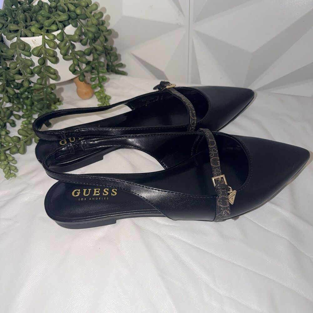 GUESS Women’s Black Pointed Toe Slingback Flats Monogram Logo Accents 8